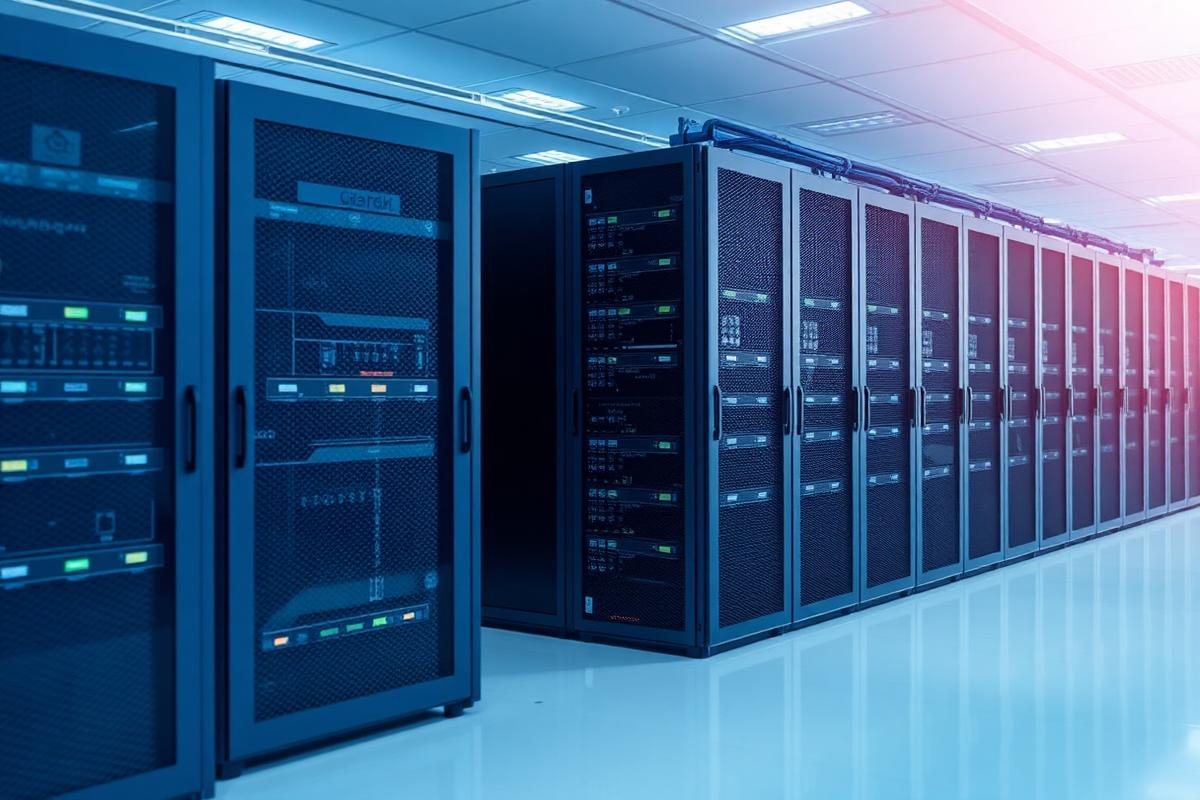 Rows of server racks in a data centre supporting cloud infrastructure