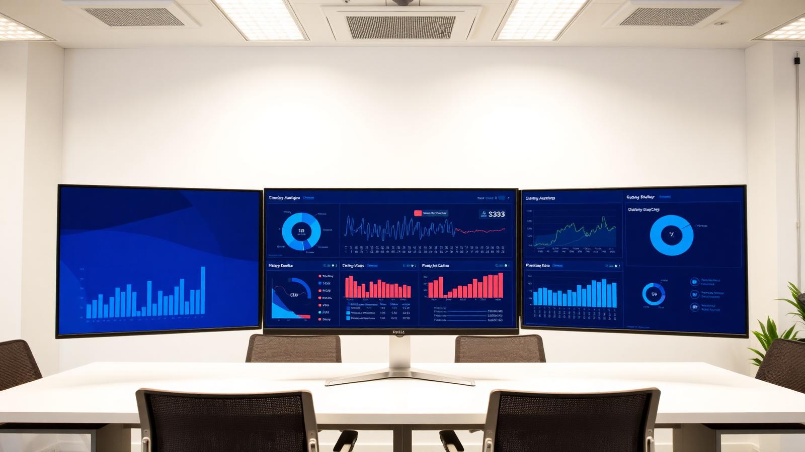 Data analytics dashboards with charts and graphs displayed on office monitors